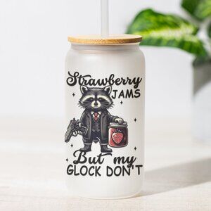 Strawberry Jams, But My Glock Don't Western, Funny Raccoon Cup, Glass Tumbler